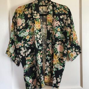 Vintage Floral Kimono, Black/Pink/Yellow